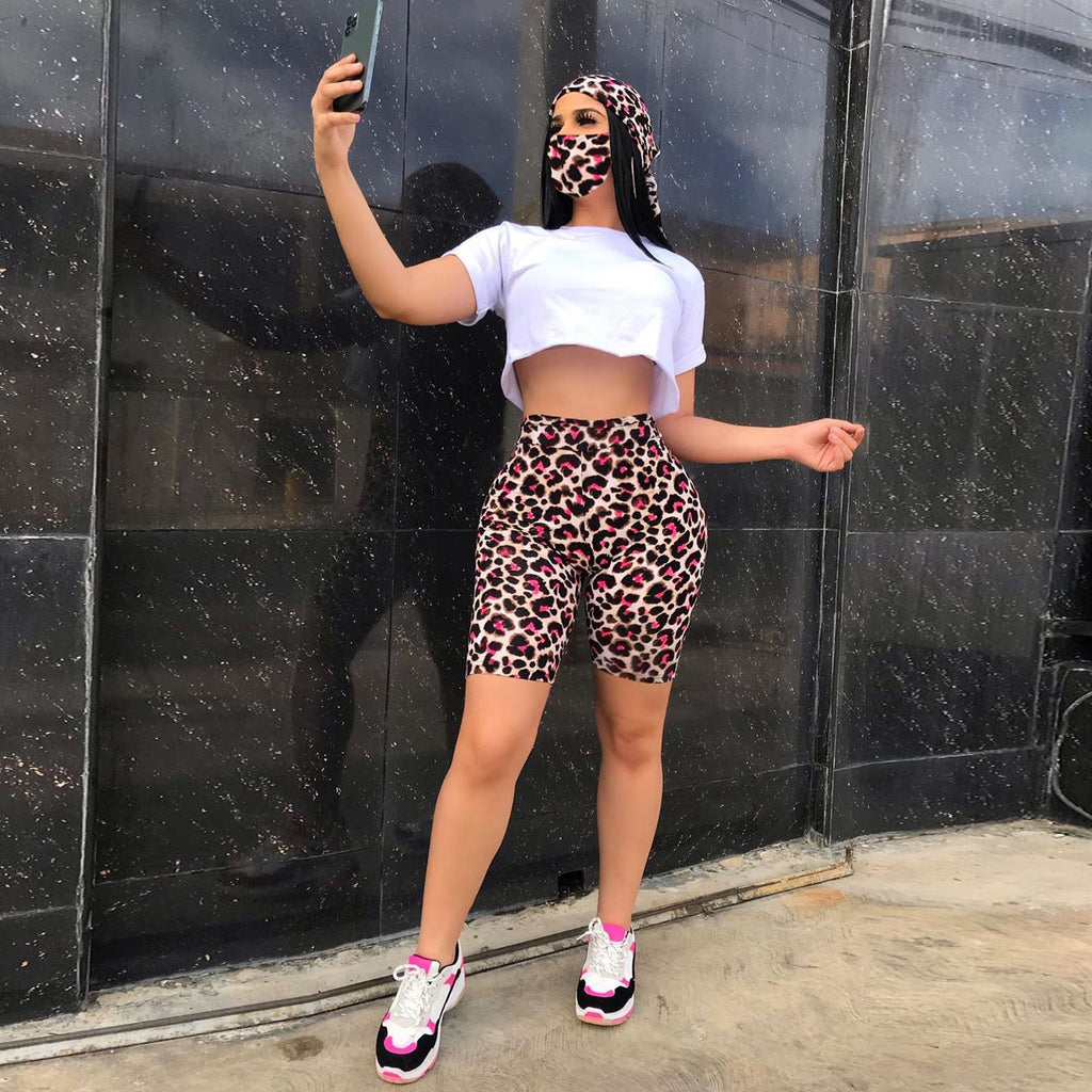 Three Piece Set Solid Tee Tops Leopard Shorts Jogger Sweat Outfit with Mask